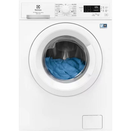 Electrolux white front-load washer dryer with 8kg wash and 4kg dry capacity, featuring a digital display, blue laundry load visible through the circular glass door, and control panel at the top