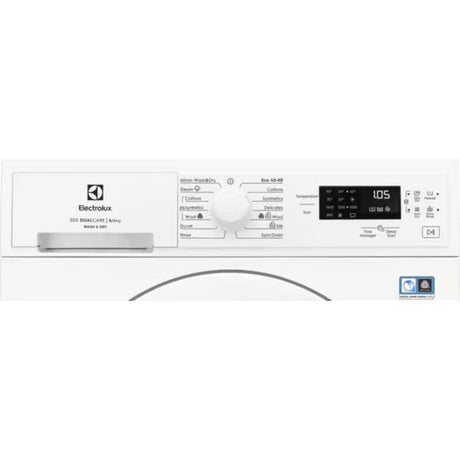 Electrolux 500 DualCare 8kg 4kg white washer dryer combo with digital display showing 105 temperature setting and multiple wash cycles visible on control panel