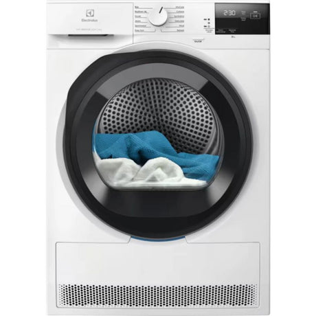 Electrolux 8kg heat pump tumble dryer in white with black trim, digital display showing 2:30, drum door open revealing blue and white laundry inside, perforated stainless steel drum and condensation collection unit visible
