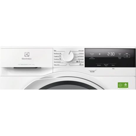 Electrolux 9kg heat pump tumble dryer in white with digital display showing 2:30 time, control panel with multiple settings, and energy efficiency ratings visible on front