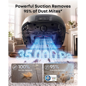eufy Omni E35 with 35,000 Pa suction removing dust mites and pet hair from carpet