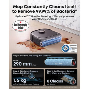eufy Omni E35 HydroJet self-cleaning roller mop with precision water jets and 1.6 kg downward pressure