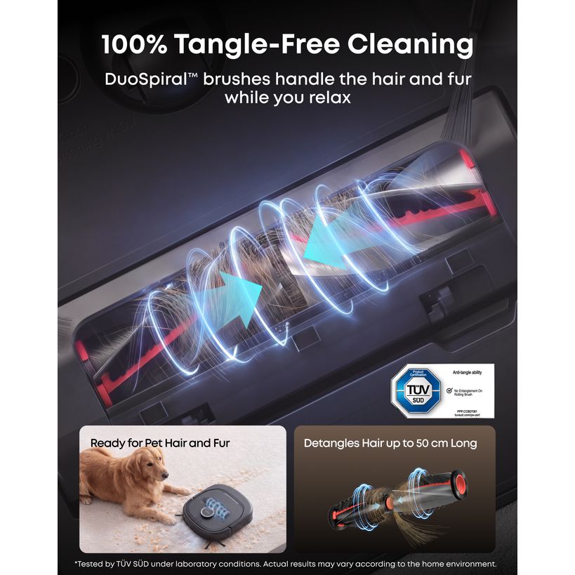 eufy Omni E35 DuoSpiral brushes for tangle-free cleaning of long and pet hair