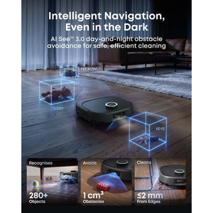 eufy Omni E35 AI obstacle avoidance recognising a pet bowl, teddy and keys in a dark room