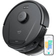 eufy L60 Hybrid robot vacuum in black with mop pad and eufy app on smartphone