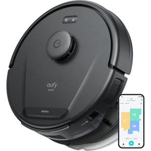 eufy L60 Hybrid robot vacuum in black with mop pad and eufy app on smartphone