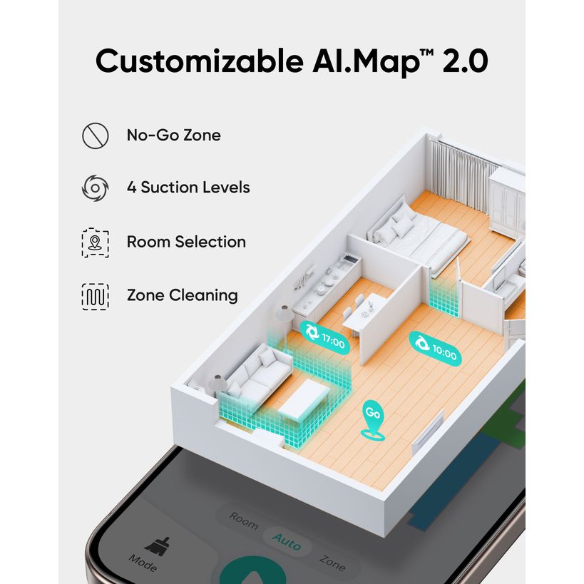 eufy app AI.Map 2.0 with no-go zones, room selection and four suction levels for the L60 Hybrid
