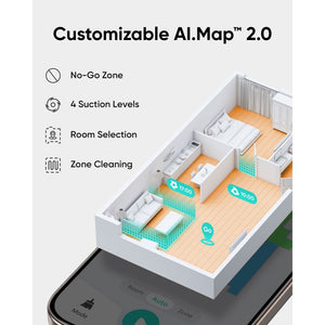 eufy app AI.Map 2.0 with no-go zones, room selection and four suction levels for the L60 Hybrid