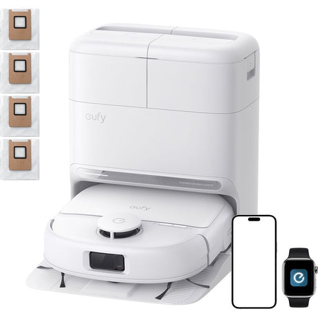 eufy Omni C28 robot vacuum and mop in white with all-in-one station, spare dust bags, smartphone and smartwatch