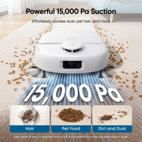 White eufy Omni C28 with 15,000 Pa suction picking up pet hair, food crumbs and dust