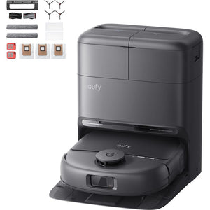 eufy Omni C28 robot vacuum and mop in black with all-in-one station and accessory kit of brushes, filters, mop rollers and dust bags