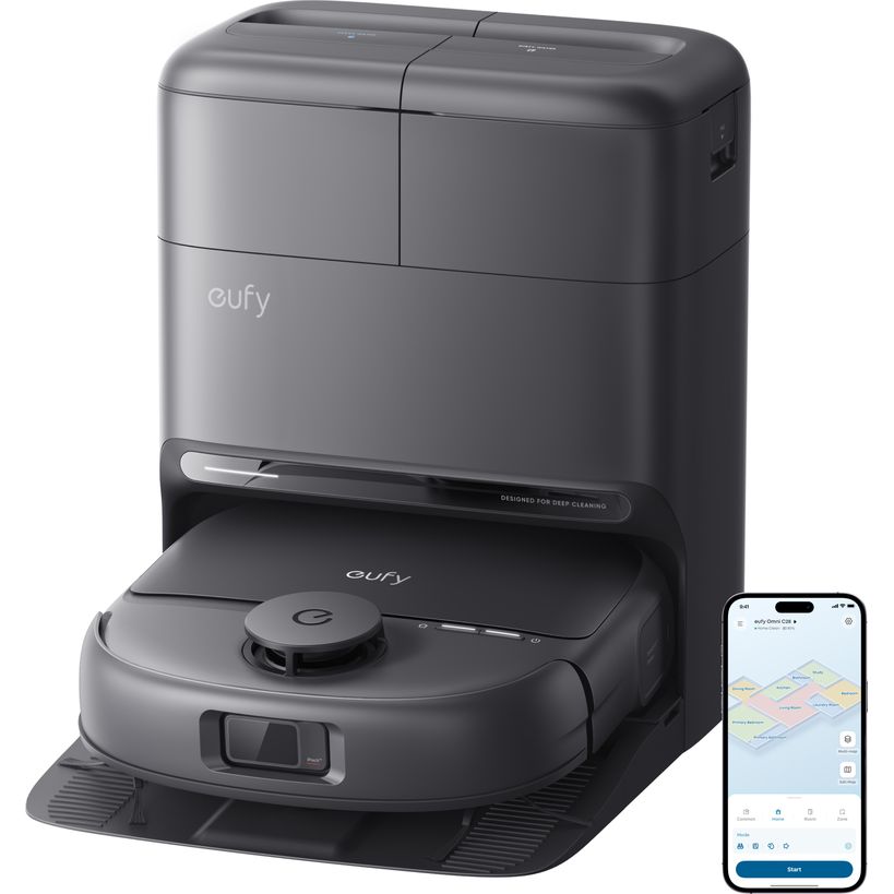 eufy Omni C28 black robot vacuum docked in its all-in-one station with eufy app on smartphone
