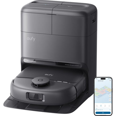 eufy Omni C28 black robot vacuum docked in its all-in-one station with eufy app on smartphone