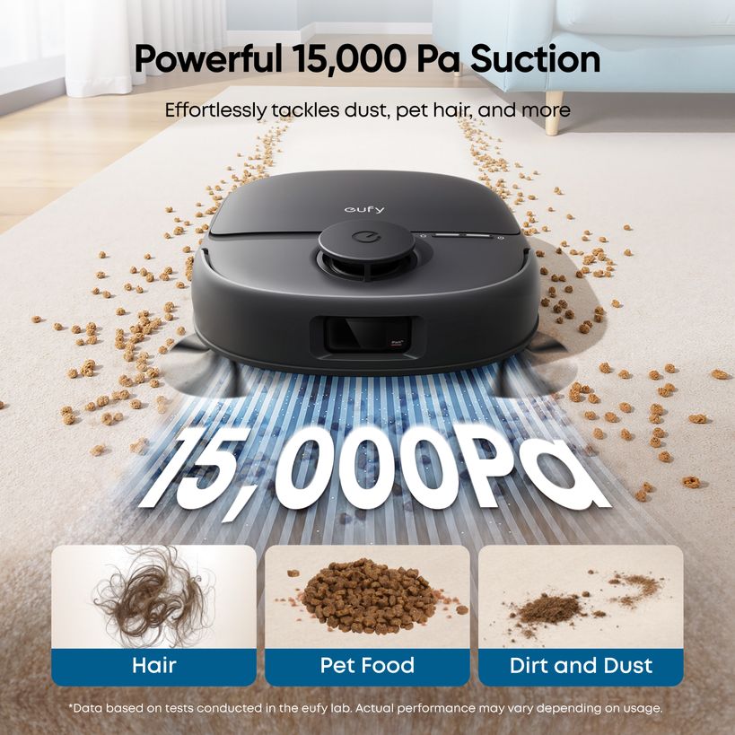 eufy Omni C28 with 15,000 Pa suction picking up pet hair, food crumbs and dust