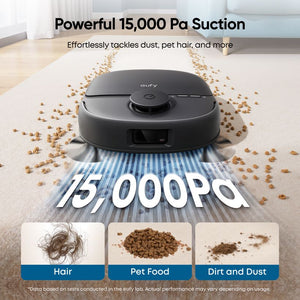eufy Omni C28 with 15,000 Pa suction picking up pet hair, food crumbs and dust