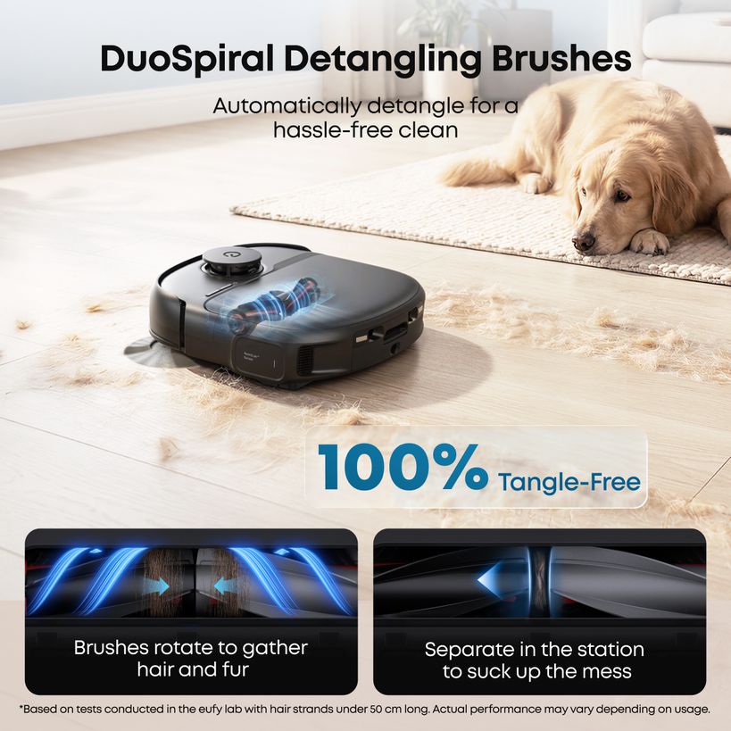 eufy Omni C28 DuoSpiral detangling brushes cleaning pet hair from a rug