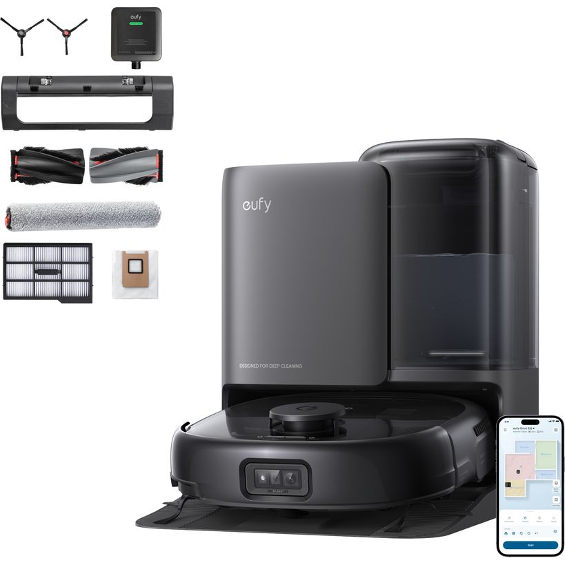 eufy Omni E25 robot vacuum and mop in black with self-emptying all-in-one station, eufy app and accessory kit