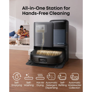 Black eufy Omni E25 all-in-one station with self-emptying, mop washing, hot air drying and detergent dispensing