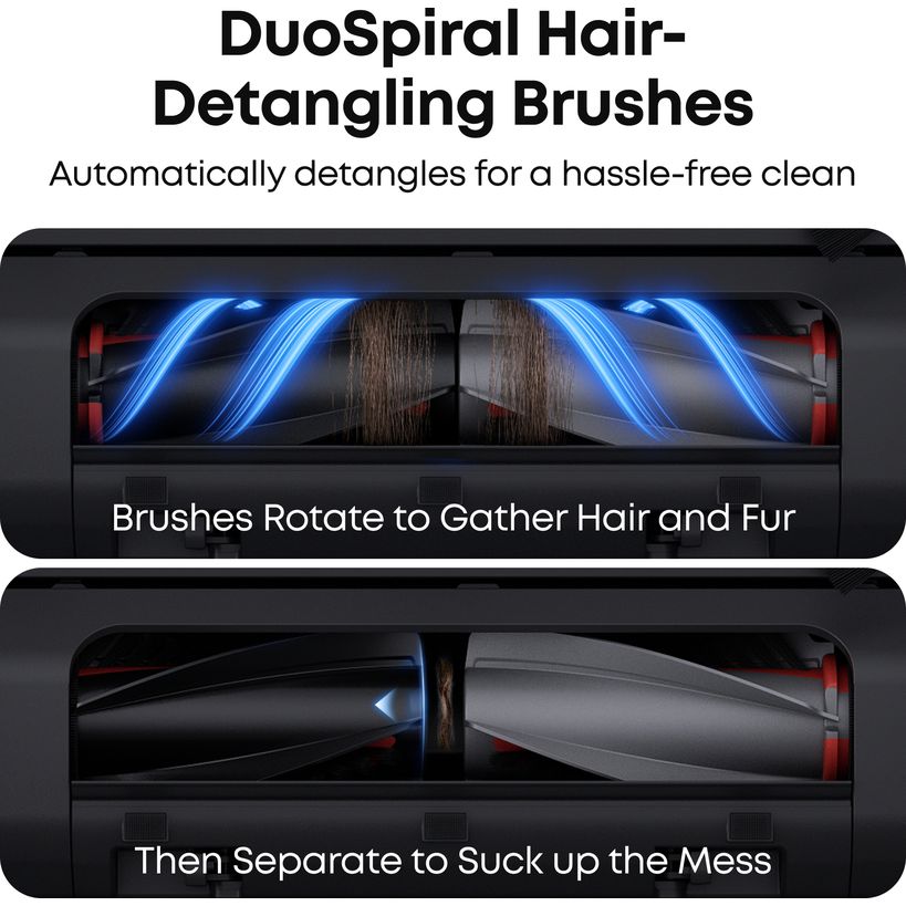 eufy Omni E25 DuoSpiral hair-detangling brushes that gather and remove hair and fur