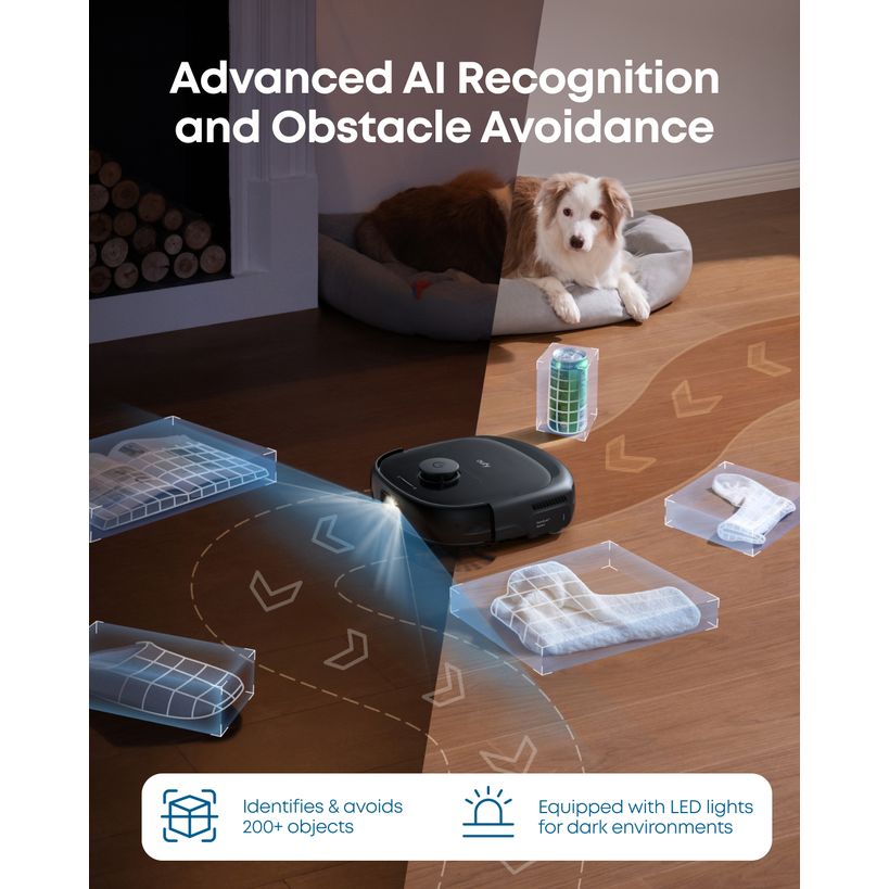 eufy Omni E25 AI obstacle recognition avoiding a dog bed and household clutter