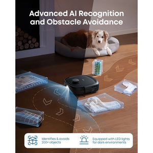 eufy Omni E25 AI obstacle recognition avoiding a dog bed and household clutter