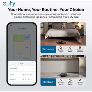 eufy app showing room-by-room cleaning settings for bedroom and kitchen