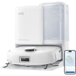 eufy Omni E25 robot vacuum and mop in white with self-emptying all-in-one station and eufy app on smartphone