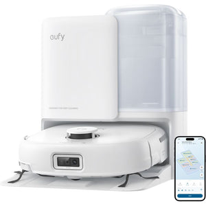 eufy Omni E25 robot vacuum and mop in white with self-emptying all-in-one station and eufy app on smartphone