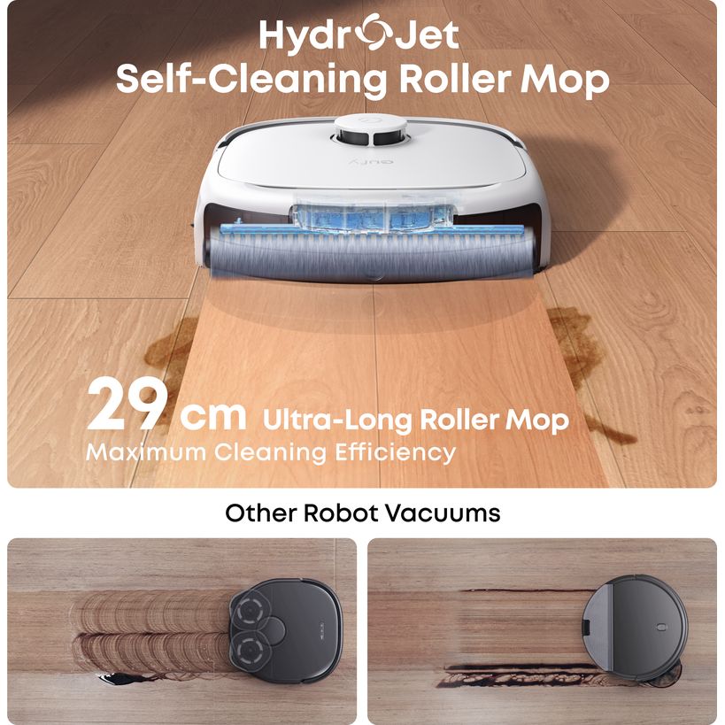 White eufy Omni E25 HydroJet self-cleaning 29 cm roller mop compared with other robot vacuums