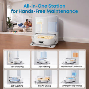 White eufy Omni E25 all-in-one station with self-emptying, self-refilling, mop washing and hot air drying