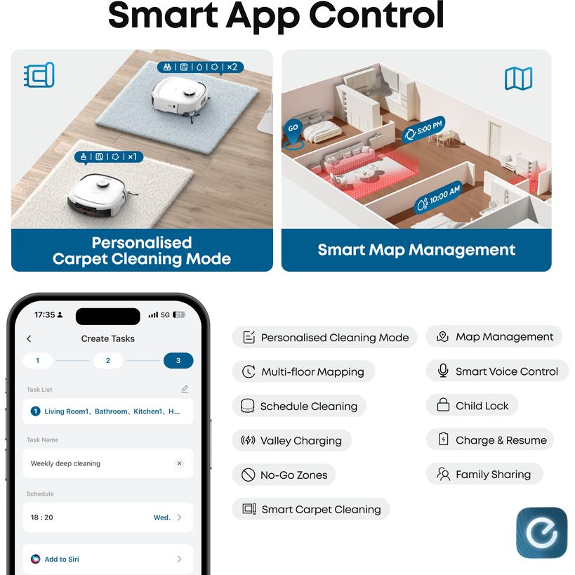 eufy app smart controls: personalised carpet cleaning and smart map management