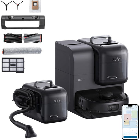 eufy Omni E28 robot vacuum and mop in black with all-in-one station, detachable HydroJet deep cleaner and accessory kit
