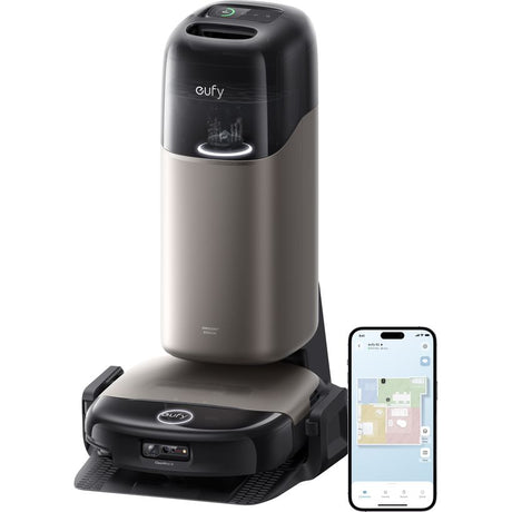 eufy Omni S2 robot vacuum and mop with titanium and black all-in-one station and eufy app on smartphone