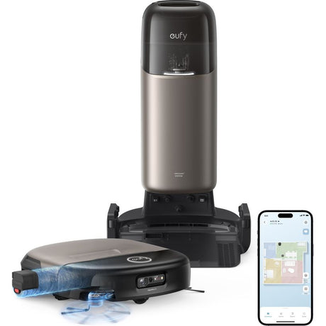 eufy Omni S2 robot vacuum beside its all-in-one station showing the roller mop
