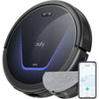eufy RoboVac G50 Hybrid robot vacuum in black with blue accent, mop pad and eufy app on smartphone