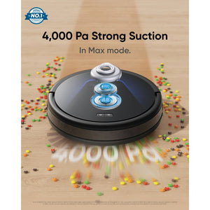 eufy RoboVac G50 Hybrid with 4,000 Pa suction picking up cereal from a wooden floor