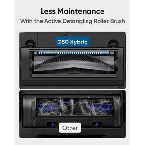 eufy RoboVac G50 Hybrid active detangling roller brush compared with a standard brush