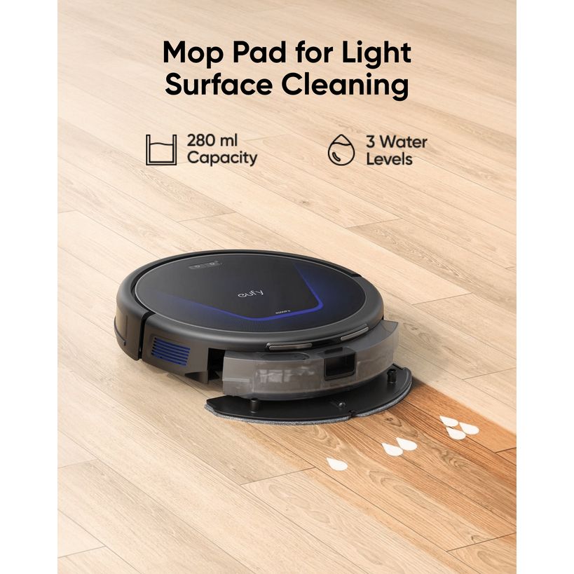 eufy RoboVac G50 Hybrid mopping a wooden floor with 280 ml water tank and three water levels