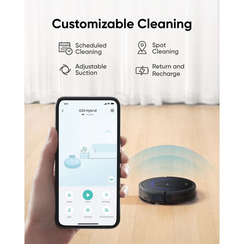 eufy app on a smartphone controlling the RoboVac G50 Hybrid with scheduled, spot and adjustable suction cleaning