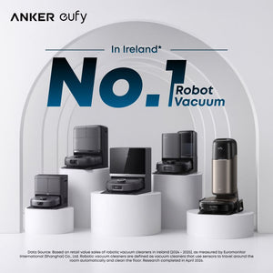 Eufy robot vacuum cleaners displayed on white cylindrical pedestals under an arch, showcasing multiple black and silver models with docking stations, featuring text "NO.1 Robot Vacuum In Ireland" against a light grey background