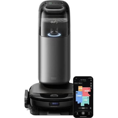 Eufy S1 Pro robot vacuum and mop hybrid in black and silver with docking station and smartphone app control display
