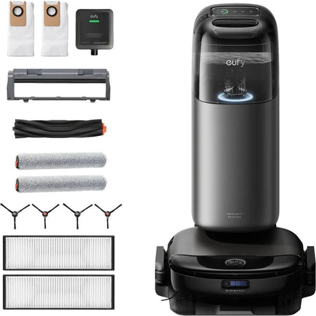 Eufy S1 Pro robot vacuum and mop with replacement parts including dust bags, brush roll, side brushes, filters, charging dock and control unit displayed in product layout on white background