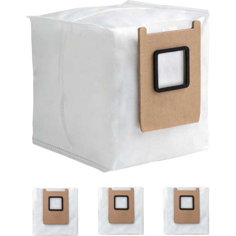 Three white disposable dust bags with tan cardboard frames and black square window labels for Eufy Omni vacuum cleaners, shown as one large bag and three smaller individual bags