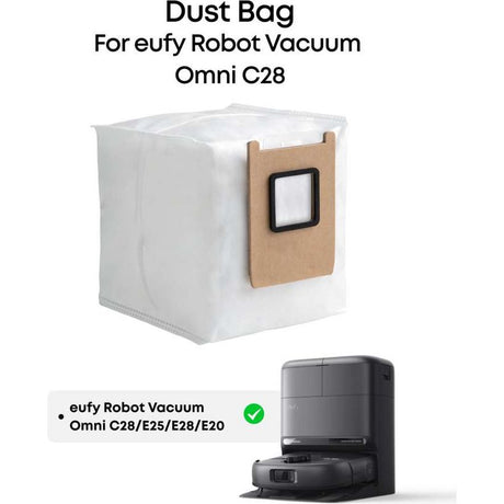 Dust bag for eufy Robot Vacuum Omni C28 shown in white with tan cardboard backing and black rubber seal, compatible with Omni C28 E25 E28 E20 models, displayed above black robot vacuum unit