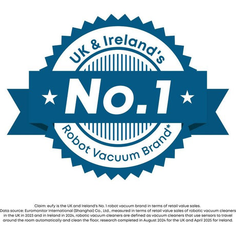 UK and Ireland's No.1 robot vacuum brand badge featuring a blue star-shaped seal with white banner and text, displaying award certification for retail value sales leadership in robotic vacuum cleaners