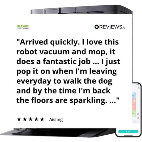 Eufy X10 Omni Pro robot vacuum and mop with docking station displayed alongside a smartphone app interface, featuring a 5-star customer review from Aisling praising its cleaning performance, shown against a white background with Heavins and Reviews.io branding