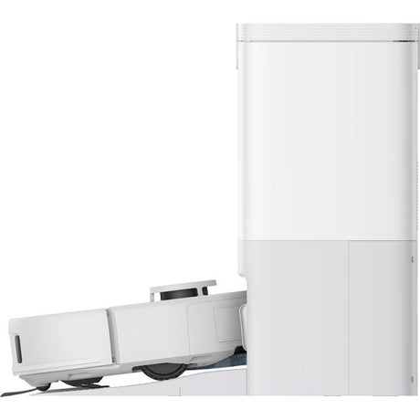 Eufy X10 Pro Omni white robot vacuum with mop and docking station, showing sleek white robotic vacuum unit in front of tall white charging dock tower