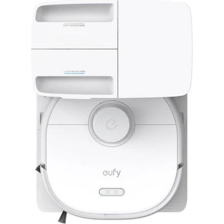 Eufy X10 Pro Omni white robot vacuum and mop with docking station showing dirty and clean water tanks, top-down view of circular robotic base with Eufy logo