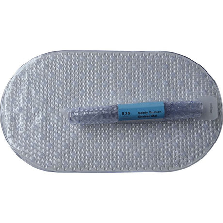 Clear PVC safety shower mat with suction cups measuring 69cm x 39cm, featuring textured surface for slip resistance and blue safety suction label, displayed flat on white background