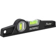 Black Faithfull Prestige scaffold spirit level with yellow-green bubble vial and mounting hole, 10 inch heavy duty construction tool